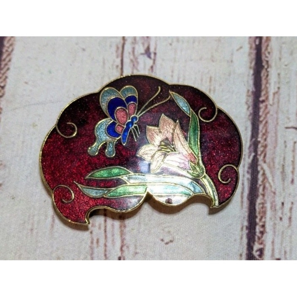 Vintage Cloisonné Butterfly & Lotus Bolo‎ Tie Slide Red & Gold Floral Design
